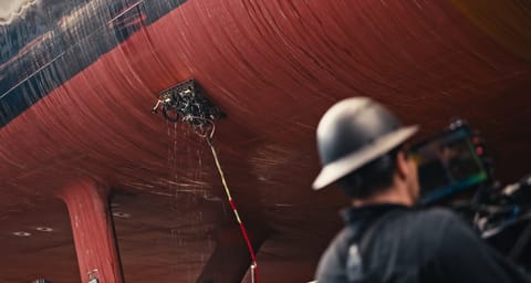 A team of Gecko engineers inspects the hull of a frigate with a robotic ultrasonic scanning device (file image courtesy Gecko)