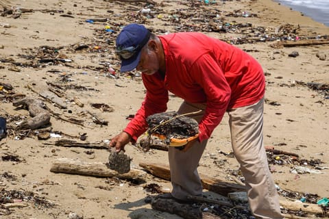 Locals clean Agua Dulce beach in the municipality of Lerdo de Tejada, Veracruz state, Mexico. The state oil company Pemex reported 798 pipeline spills and leaks to its financial regulators during 2014-2025 (Image: Rodrigo Soberanes)