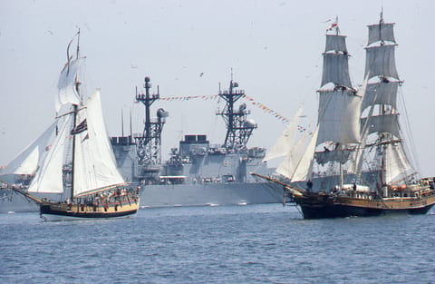Tall ship Providence (left) during a call in Boston in 1980 (City of Boston Archives)