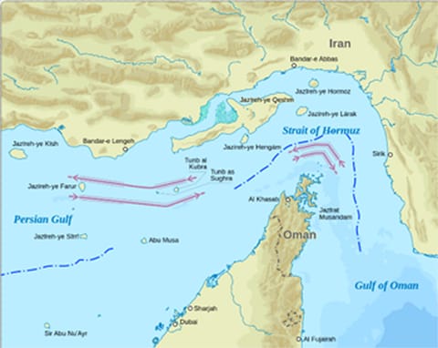 In a more peaceful era, shipping used the TSS scheme in Omani waters, in pink (file image)