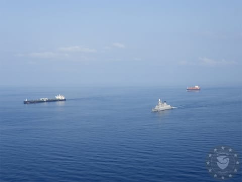 A European warship escorts vessel traffic through the Red Sea, 2024 (Operation Aspides)