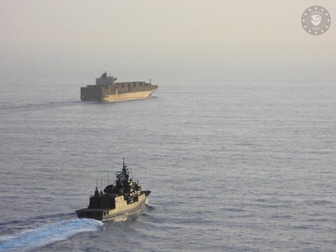 warship escorting containership in the Red Sea