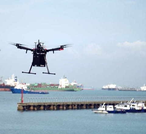 An authorized drone over Singapore's harbor (file image)