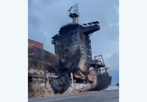 burnt out containership