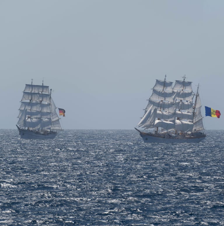 Gorch Fock (left) with Romanian sister ship Mircea (right) (USCG)