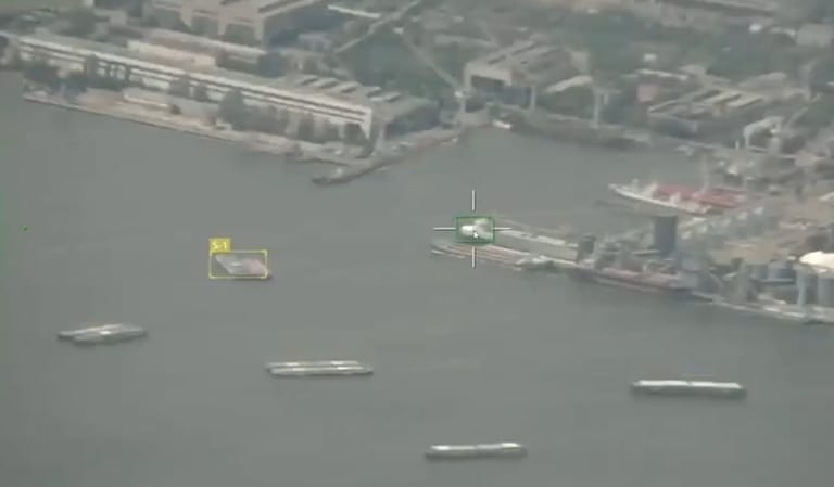 A Russian drone closes in on a Ukrainian port target (Russian MOD)