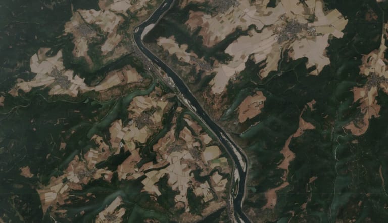 A handful of barges transit the Rhine near Kaub, Germany, July 30 (Copernicus / Sentinel-2)