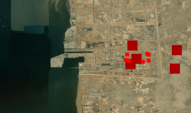 Infrared signatures at the Jazan plant from Monday (bright red) and Tuesday (dark red) (NASA FIRMS)