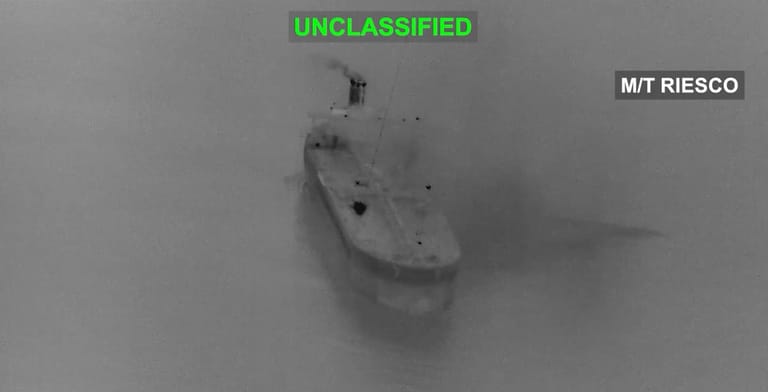 A bomb penetrates the deck of the tanker Riesco, Sept. 8 (CENTCOM)
