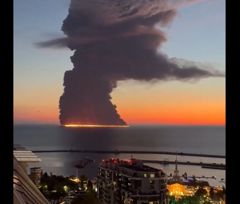 A burning slick spreads from the tanker Aframax Rio off Sochi, Oct. 6. The fire has since been extinguished  (Russian social media)
