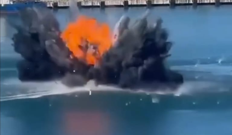 An attack drone detonates during an attempted strike on a Russian offshore supply vessel, Sochi, Sept. 3 (Russian social media)