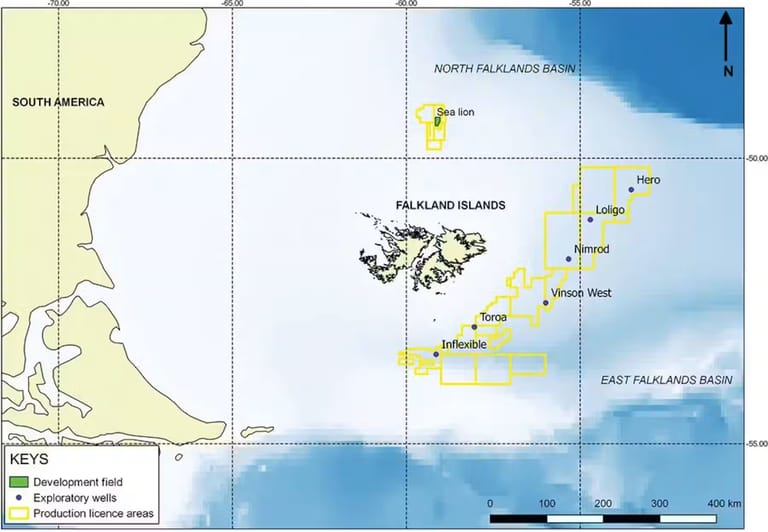 Map showing exploratory oil field (Sea Lion) in North Falklands Basin and exploratory oil wells in East Falklands Basin. Pensoft/Researchgate, CC BY-ND