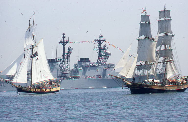 Tall ship Providence (left) during a call in Boston in 1980 (City of Boston Archives)