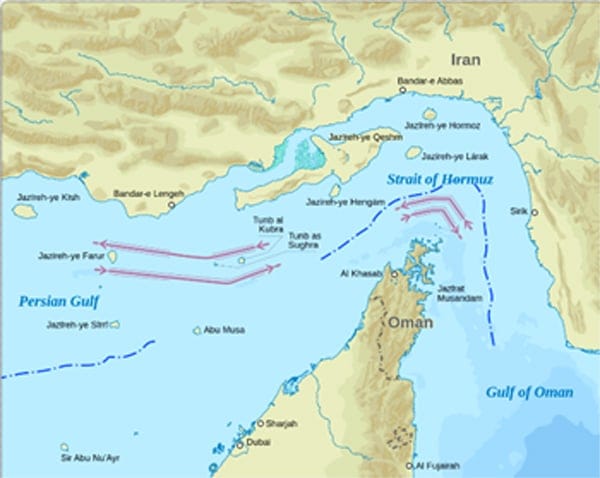 In a more peaceful era, shipping used the TSS scheme in Omani waters, in pink (file image)