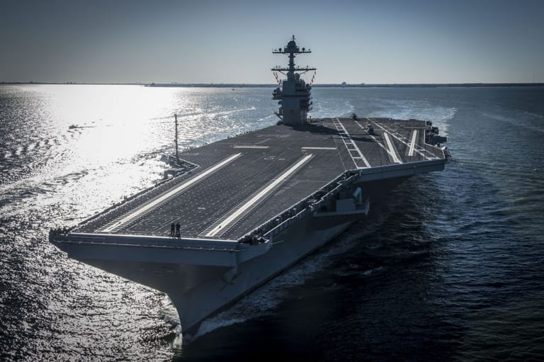 USS Gerald R. Ford's strikingly modern design: island aft, providing an unobstructed deck from amidships forward (USN file image)