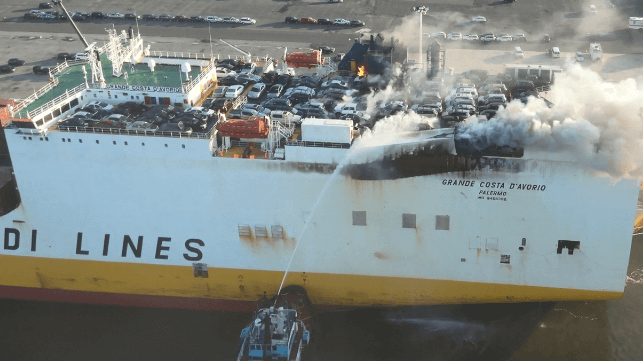 The disastrous fire aboard the ro/ro Grande Costa D'Avorio prompted a reevaluation of shoreside firefighter preparations for maritime casualty response (NTSB file image)