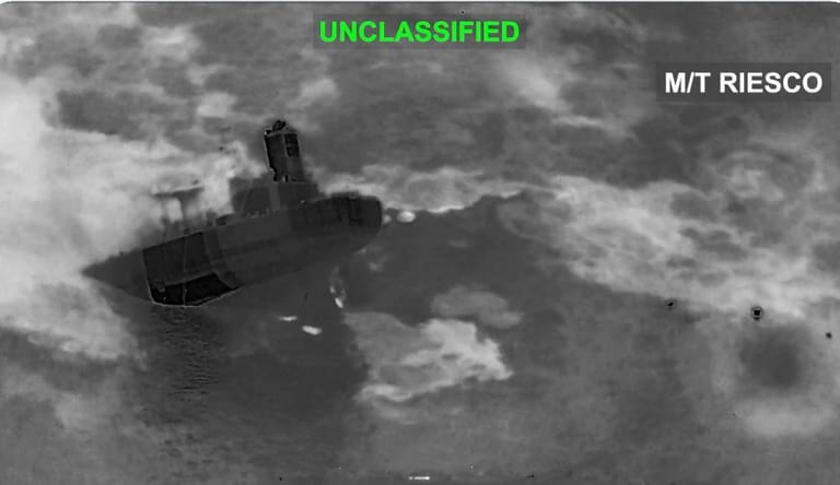 Iranian tanker sinking after being hit by US forces