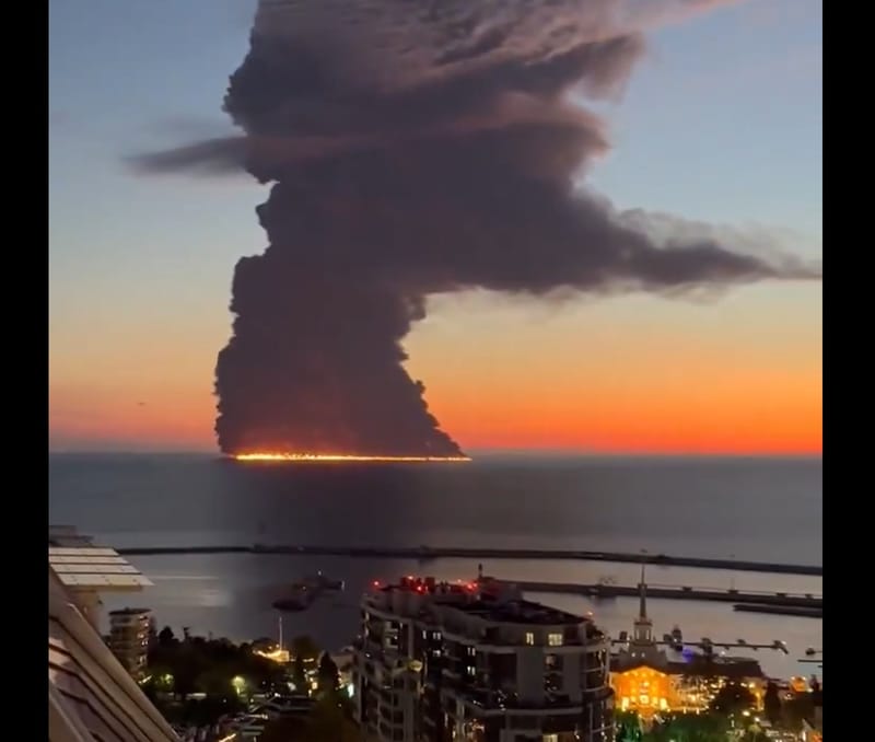 Spreading, burning pool of oil from a tanker off the coast of Sochi, Oct. 6 (Russian social media)