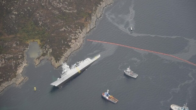 Stricken frigate Helge Ingstad aground 