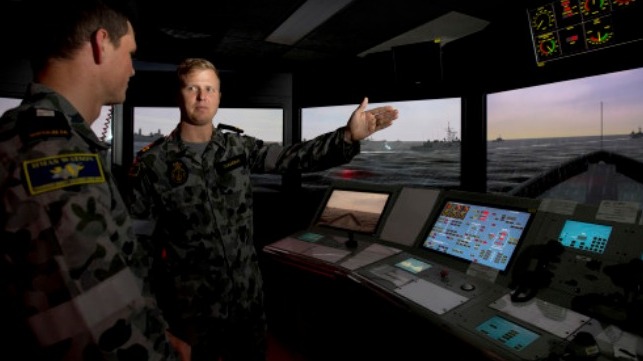 Maritime Warfare Officer Training in the KONGSBERG simulator at HMAS Watson. Photo credit: POIS Yuri Ramsey. Copyright: Commonwealth of Australia