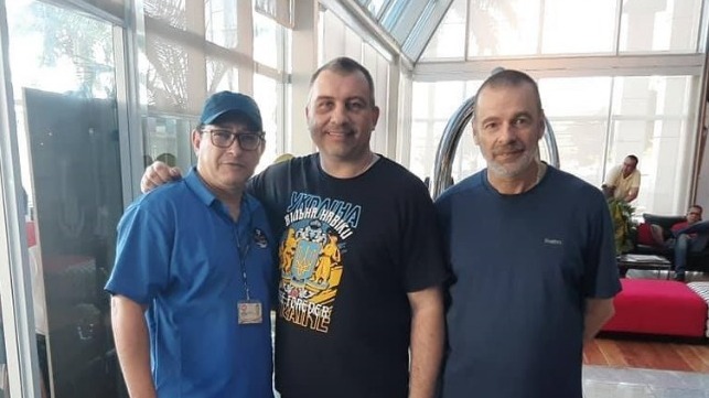 (L-R) Sailors' Society chaplain Ailton De Souza with Oleksandr Maphenko and Mirko Seman following their release from hospital.