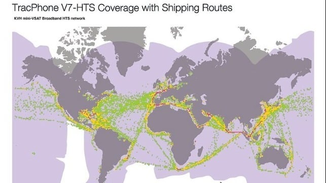 TracPhone V7-HTS coverage map with shipping routes