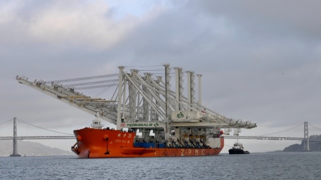 Ship with biggest cranes ever for Port of Oakland near Bay Bridge  Photo courtesy Port of Oakland