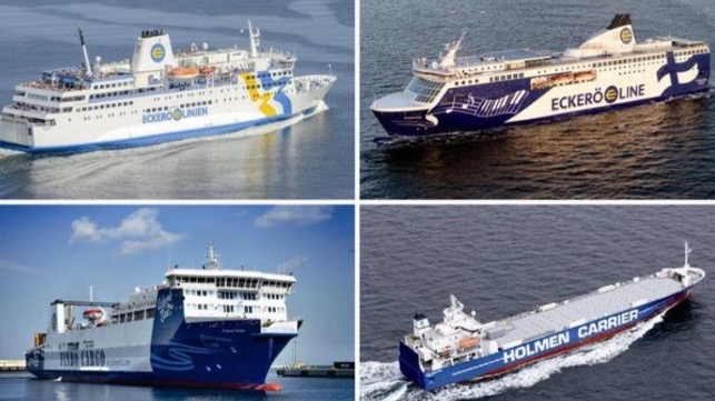 Four of the Rederi Ab Eckerö vessels covered by the renewed Wärtsilä Maintenance Agreement; top left the m.s. Eckerö, top right the m.s. Finlandia, bottom left the m.s. Finbo Cargo, and bottom right the m.s. Transporter. © Rederi Ab Eckerö