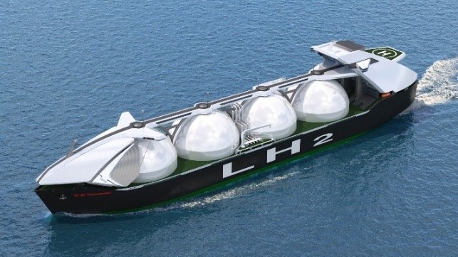 Large liquefied hydrogen carrier (cargo carrying capacity: 40,000 m3 x 4 tanks): Courtesy of Kawasaki