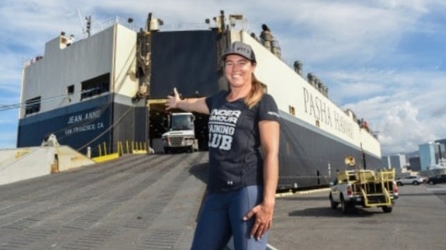 Solo ocean rower Lia Ditton prepares to board commercial ship M/V Jean Anne to travel back to California from Hawaii