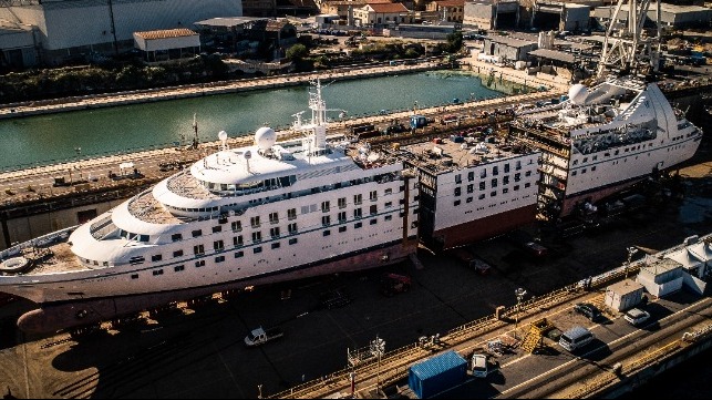 One of the vessels, Star Breeze, undergoing renovation in Palermo, with a new 25.6 metre (84 feet) section being added in the middle. © Fincantieri.