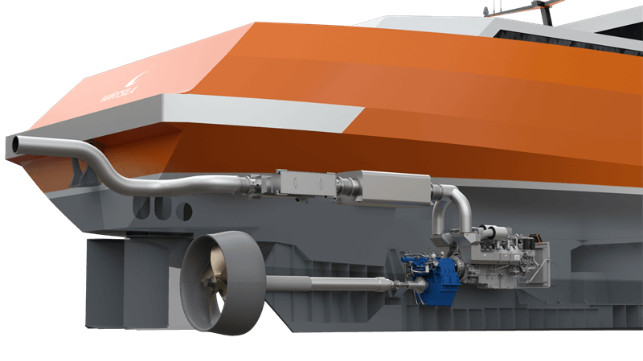 The Wärtsilä 14 engine with exhaust after-treatment installed on an inland waterway tanker vessel. © Wärtsilä Corporation