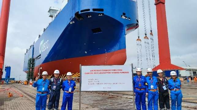 The second of UECC’s newbuild LNG battery PCTCs on the water after being  launched this week at Jiangnan Shipyard. Credit: UECC 