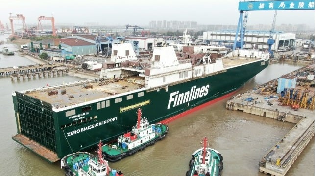 Finneco III, the third hybrid ro-ro vessel in a series, was launched in China on 22 November 2021. Picture: Finnlines Plc.