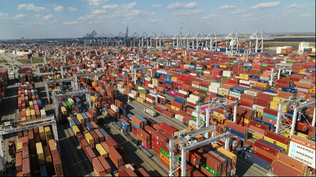The Port of Savannah was the first container terminal in the Southeast or Gulf Coast to move 5 million twenty-foot equivalent container units in a fiscal year. (Georgia Ports Authority / Jeremy Polston)