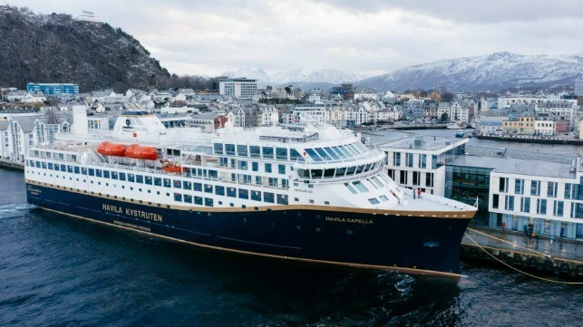 The Havila Capella is set to begin excursions along a new and highly scenic coastal route, equipped with Kongsberg Maritime PM tunnel thrusters, an Azipull L-drive for main propulsion and Bergen gas engines (Photo credit: Havila Kystruten/uavpic.com