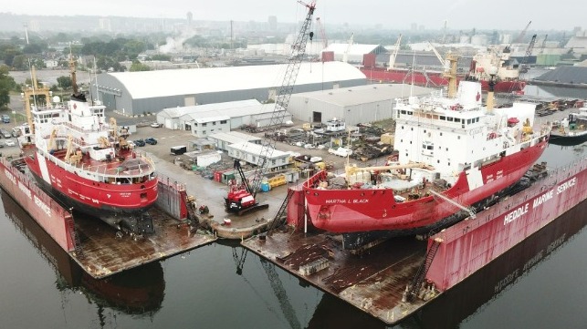 The CCGS Martha L. Black is fitted with Thordon’s propeller shaft bearings, Water Quality Package and rudder bearings at Heddle Shipyards in dry dock