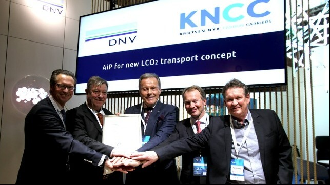 (L to R), Knut Ørbeck-Nilssen, DNV Maritime CEO, presented the AiP to Trygve Seglem, owner of Knutsen and Vice Chair of KNCC, President and Chief Executive Officer of NYK Group Europe Ltd., Svein Steimler, Managing Executive Officer of NYK Line and Chair of KNCC, Anders Lepsøe, CEO of KNCC, and Per Lothe, the Technical Advisor in KNCC.