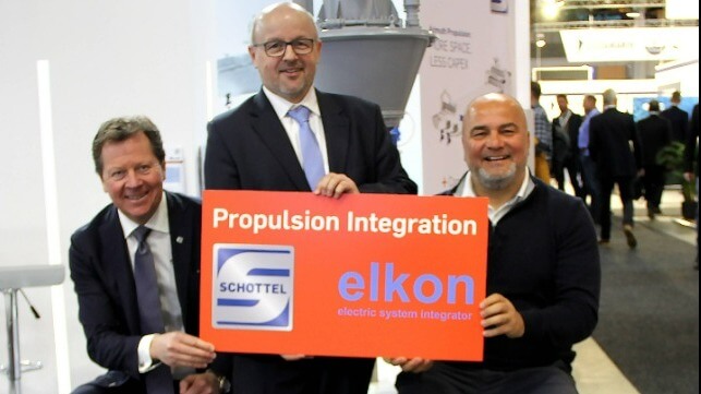 New partnership: elkon and SCHOTTEL at Nor-Shipping (from left to right: Knut Herman Gjøvaag, Chairman of the Supervisory Board SCHOTTEL GmbH Stefan Kaul, CEO SCHOTTEL GmbH Ertu? Ya?ar, Managing Director Elkon Elektrik Sanayi ve Ticaret. A.?)