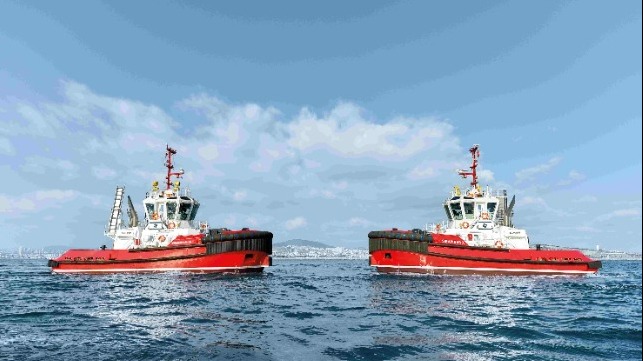 Two tugs of the current Sirapinar tugboat class series for Svitzer with SCHOTTEL RudderPropellers (2 x SRP 360 each with 1500kW) Credit: Sanmar Shipyards