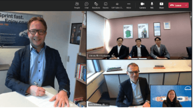 Pictured at the virtual signing ceremony (MAN Energy Solutions unless stated): (left) Thomas Leander – Vice President, Head of Solutions & Site Manager, Frederikshavn; (top right, from left, STX HI) Kangmoon Lee – Assistant Manager, Engine Components & Maintenance Service, Chun-Dong Kim – Senior Vice President and Head of Engine Components & Retrofit Service Division, Ok-Keun Kim – Senior Manager, Engine Components & Maintenance Service; (lower right) Jens Seeberg – Senior Manager Retrofit Department, and (bottom right) Malyn Bayos Jørgensen – Sales Development Manager