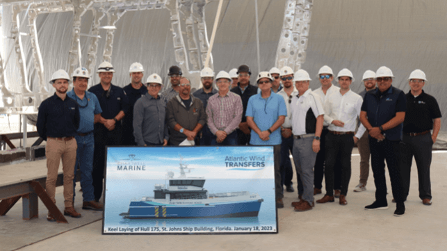 Keel laying ceremony for small crew transfer vessel