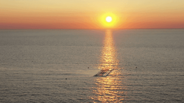 Floating solar panel array in the sunset