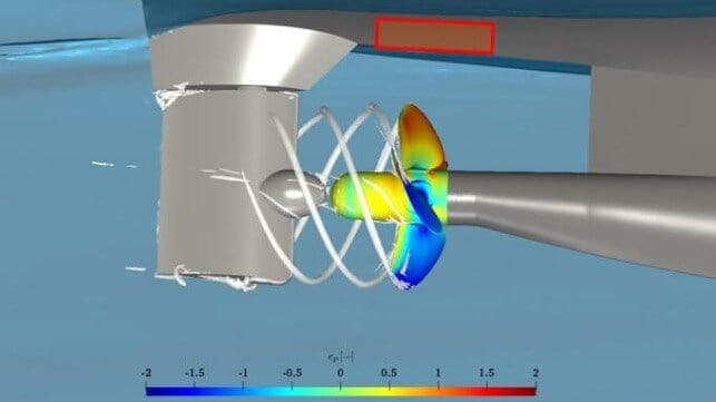 Vibration in the hull directly above the propeller (red, above) is strongly correlated with underwater nose, and this was the study's area of focus (Schottel)