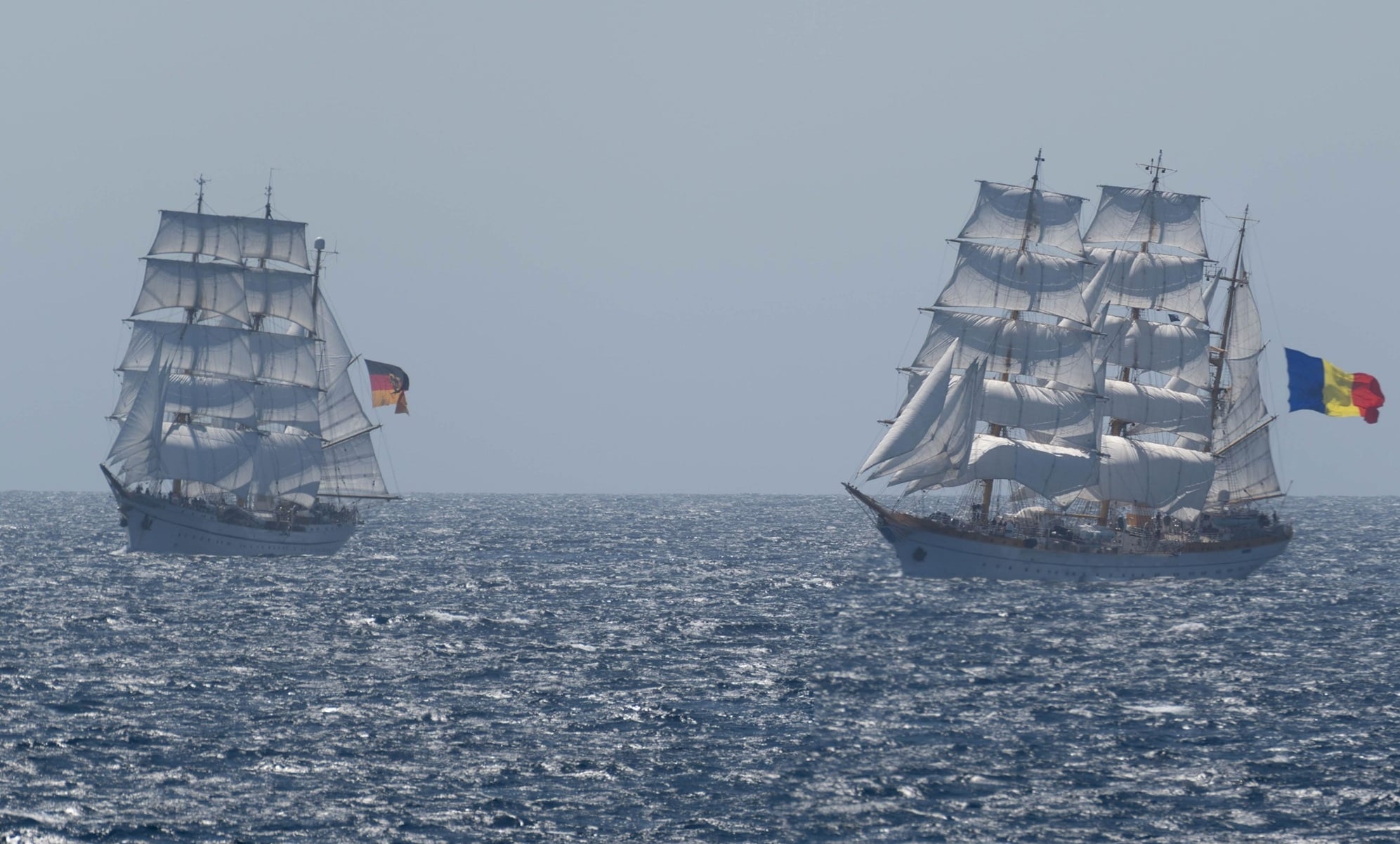 Gorch Fock (left) with Romanian sister ship Mircea (right) (USCG)