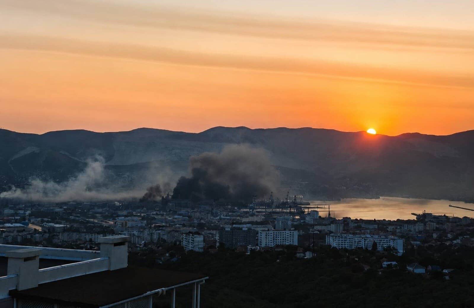 Smoke rises from an attack on Novorossiysk, August 12 (Russian social media / War Home)
