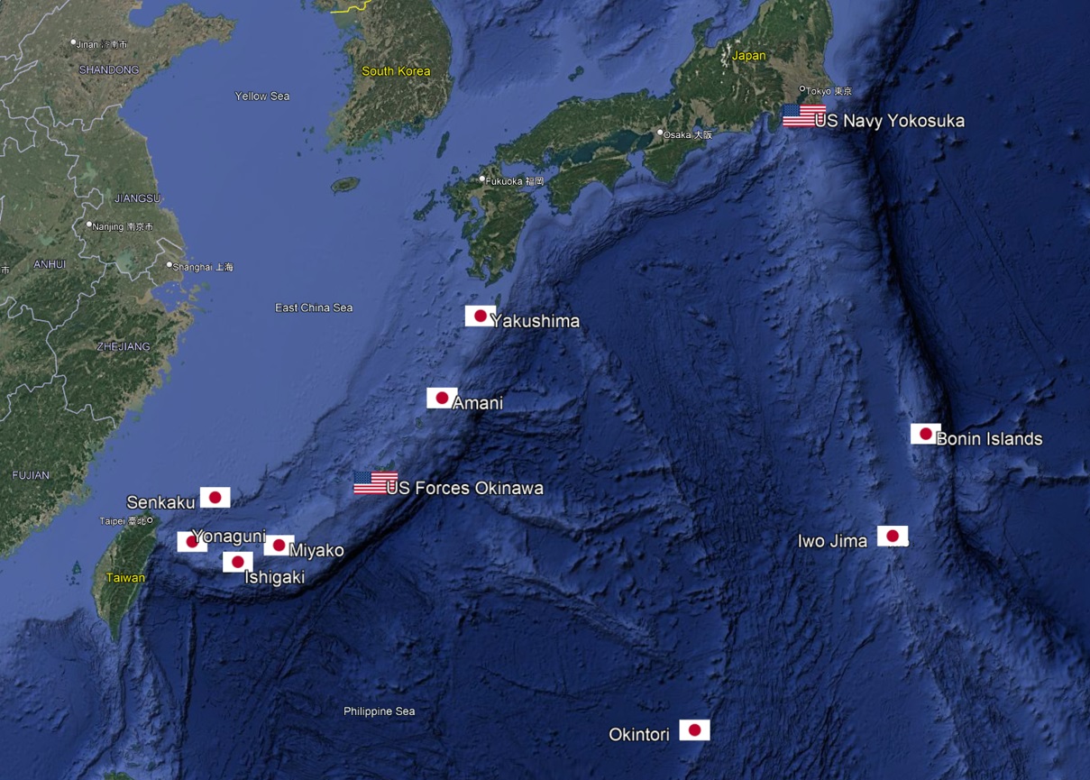 The Japanese southern islands worrying China (Google Earth/CJRC)