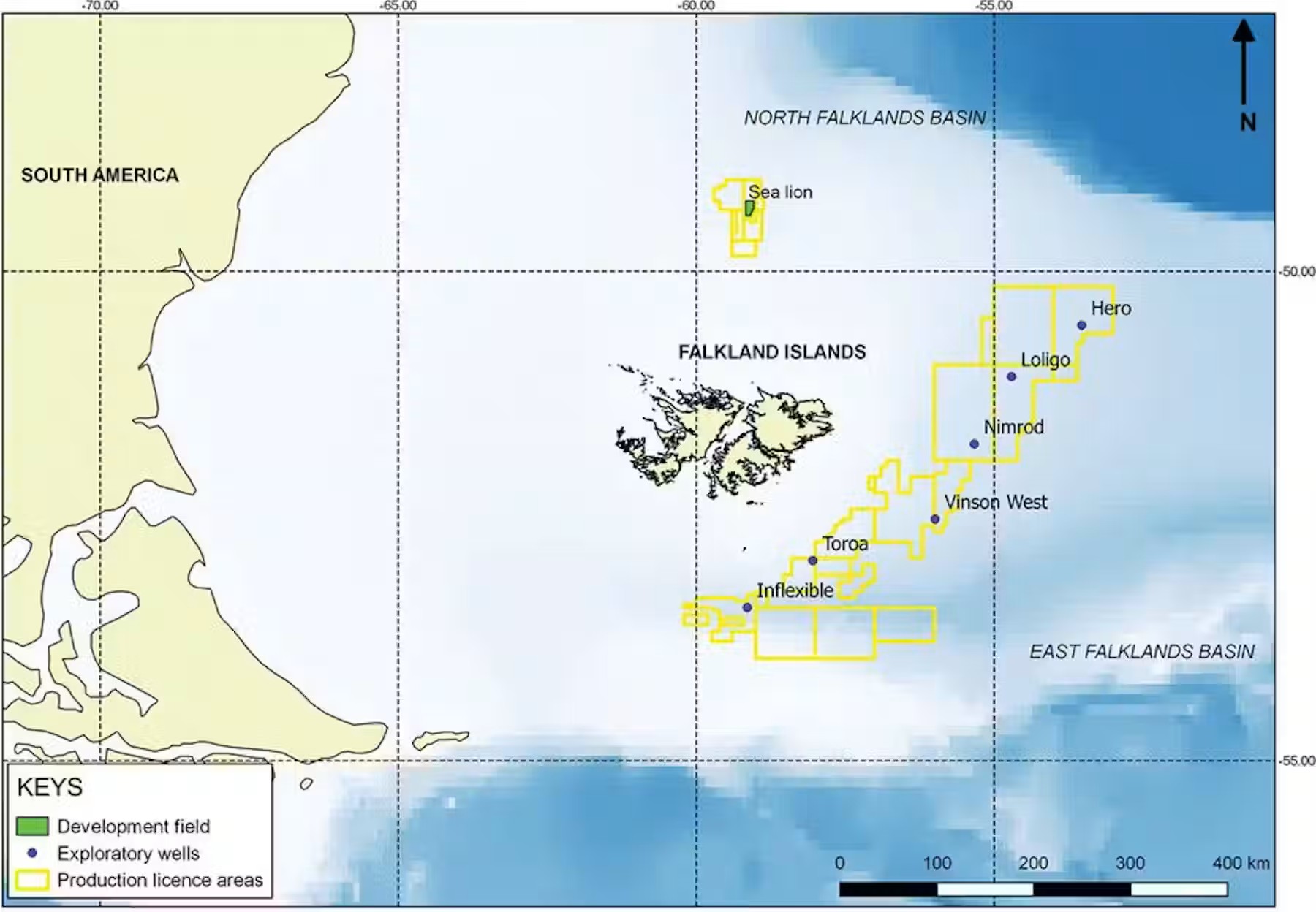 Map showing exploratory oil field (Sea Lion) in North Falklands Basin and exploratory oil wells in East Falklands Basin. Pensoft/Researchgate, CC BY-ND