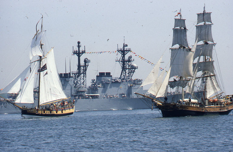 Tall ship Providence (left) during a call in Boston in 1980 (City of Boston Archives)