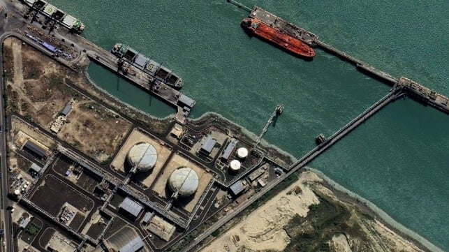 The LPG terminal at Mundra Port, bottom center, and LPG receiving pier, upper right (Google Maps / Airbus)
